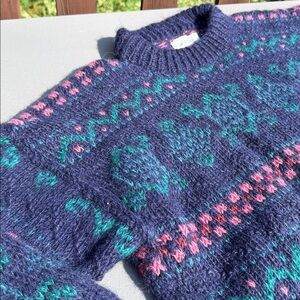 Vintage wool handknit Navy/Pink/Gr/Crewneck Sweater, Turtles n Fish L/XL